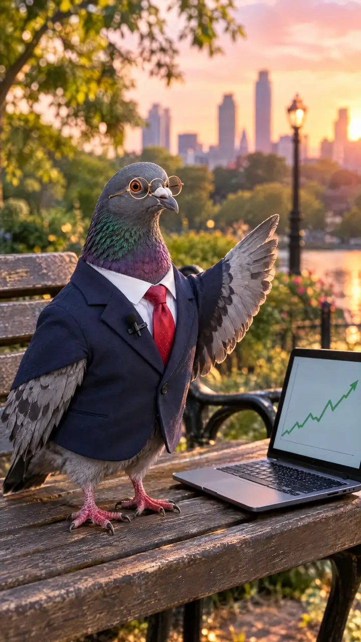 Mr. Coo, a pigeon in a navy suit and red tie, making a point next to a laptop on a park bench. Mr. Coo is an AI-generated example character.