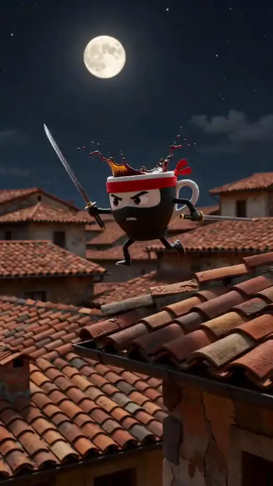 A ninja espresso cup leaps across rooftops at night. An AI-generated fan render of the Cappuccino Assassino meme.
