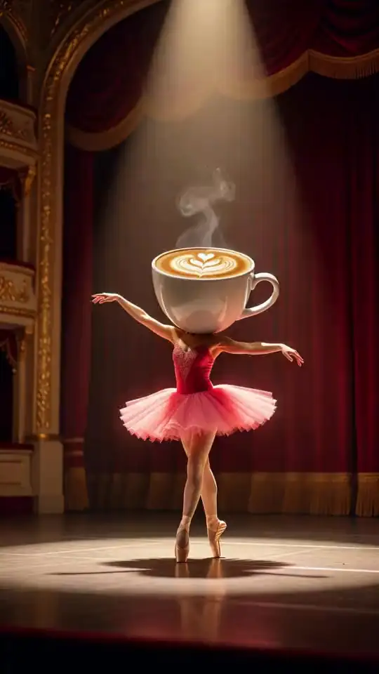 A ballerina with a cappuccino-cup head spins on a stage. An AI-generated fan render of the Ballerina Cappuccina meme.