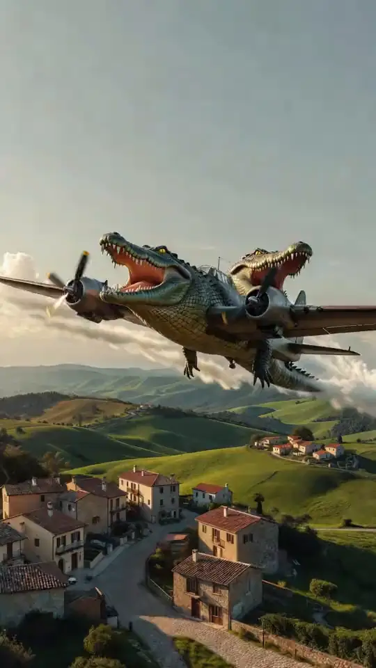 A crocodile bomber plane flies over hills and villages. An AI-generated fan render of the Bombardino Crocodilo meme.