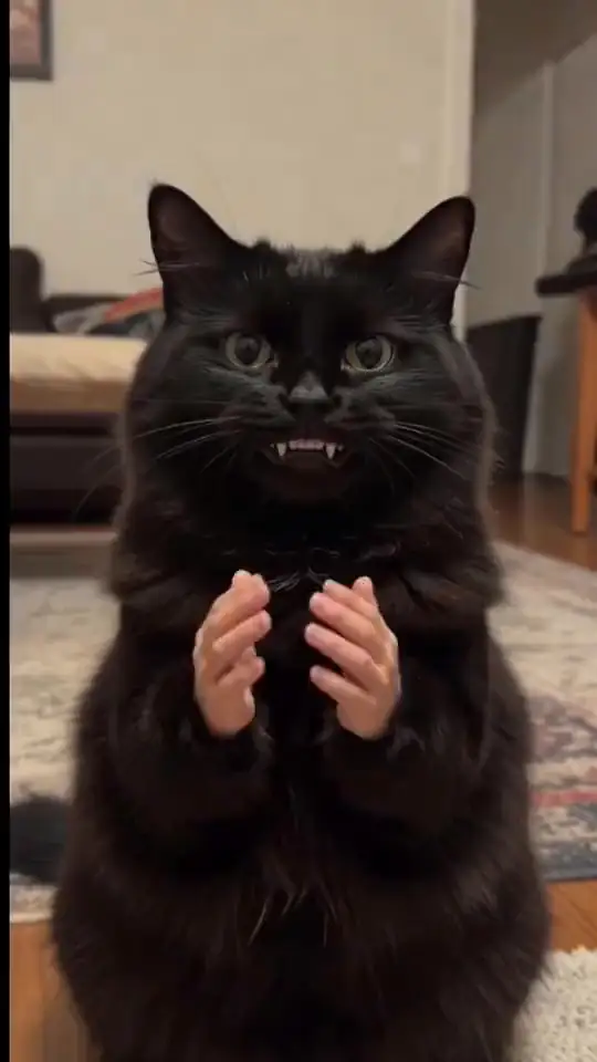 A black cat with human hands slowly claps and smiles. An AI-generated fan render of the Black Cat Clapping meme.