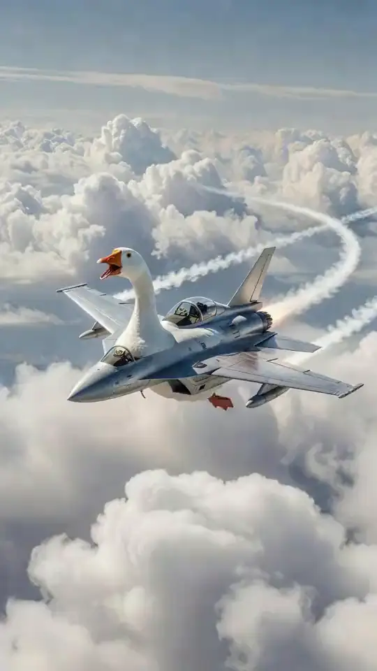 A jet-powered goose barrel-rolls through the clouds. An AI-generated fan render of the Bombombini Gusini meme.
