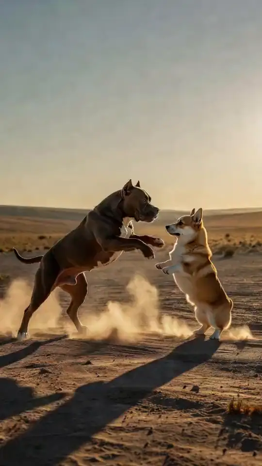 Two dogs on their hind legs trade punches in a dusty valley. An AI-generated fan render of the Haymaker Dogs meme.