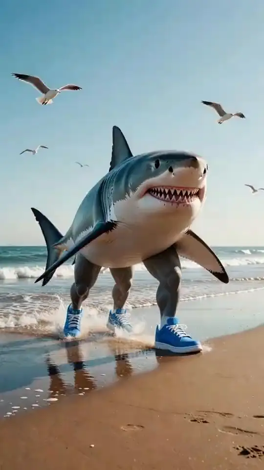 A three-legged shark in blue sneakers struts along a beach. An AI-generated fan render of the Tralalero Tralala meme.